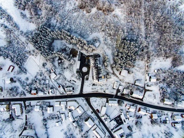 Aerial view of Hotel Lyra Plitvice in winter